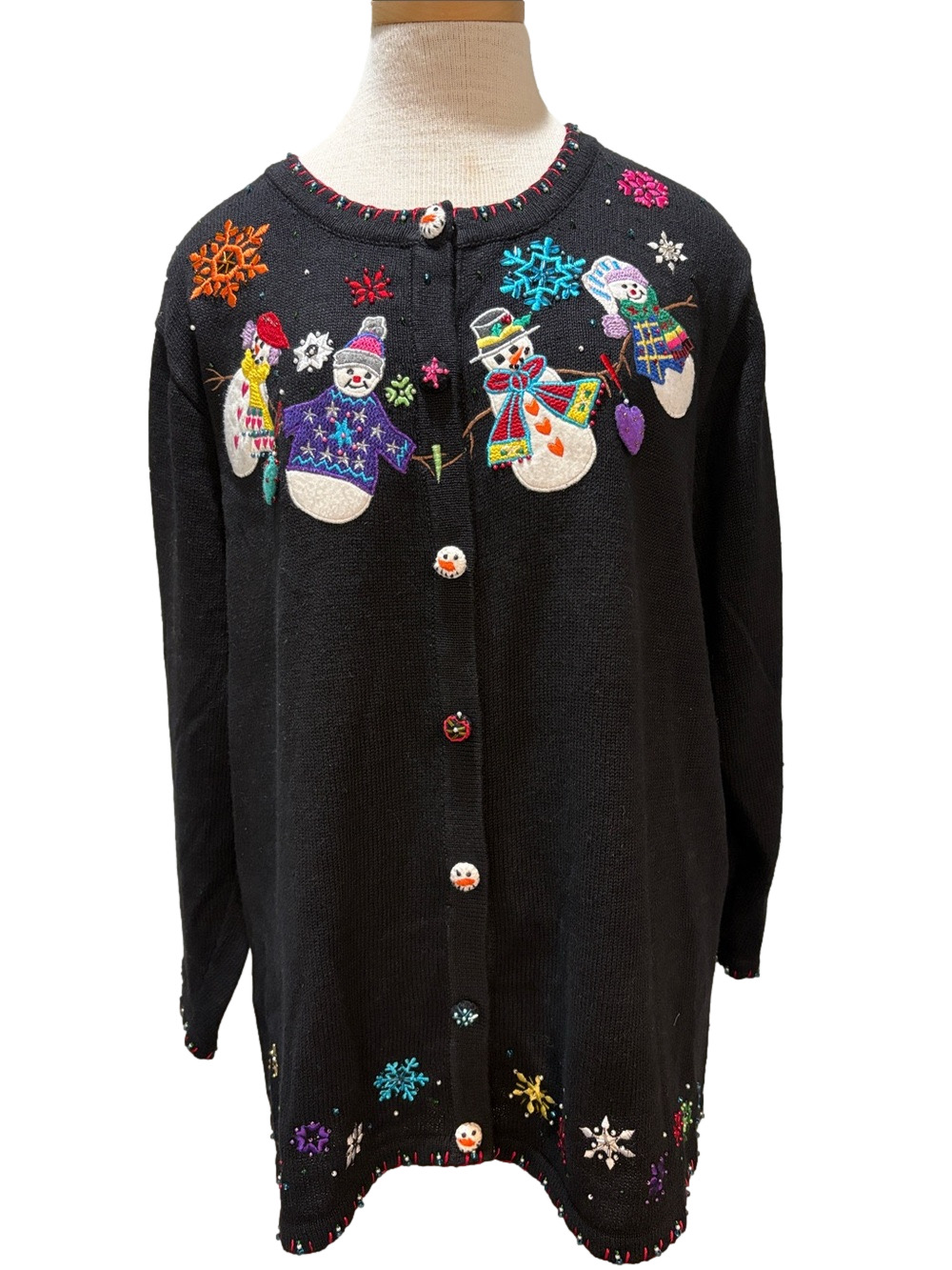Quacker Factory sz 2X Black Cardigan with Colorful Snowman Embroidery
